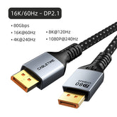 CABLETIME- Aluminum DP 2.1 Cable 16K/30Hz Connector: DP Male Gold Plated; Resolution: 16K30Hz 8K60Hz 4K120Hz Max; Transmission Rate: 80Gbps UHBR20; Shell: Alumiunm Shell; Wire: 30AWG OD7.3; Jacket:Black Braided , SKU- CT-DP16K-AG2